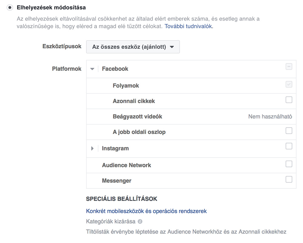 Örökzöld Facebook kampány elhelyezés beállításai